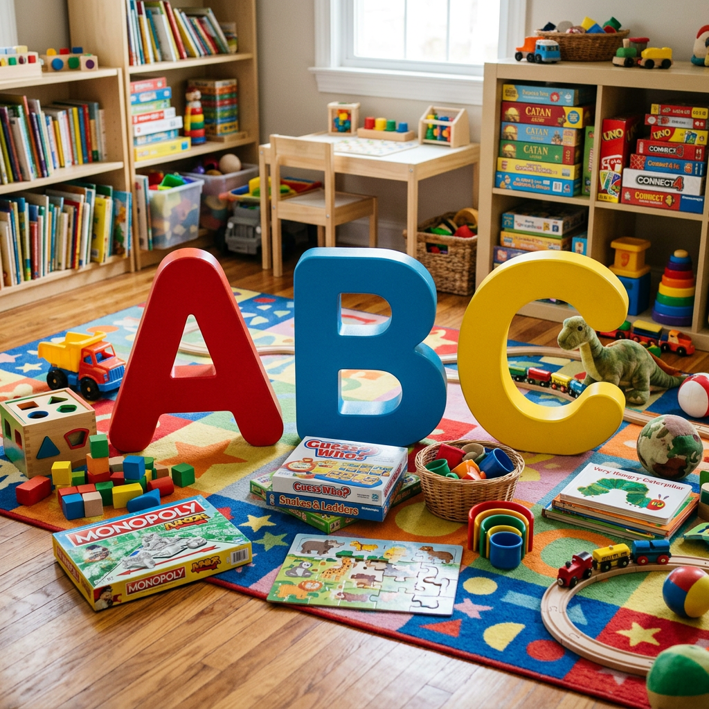 Large red A, blue B, and yellow C letters surrounded by educational toys in a colorful playroom