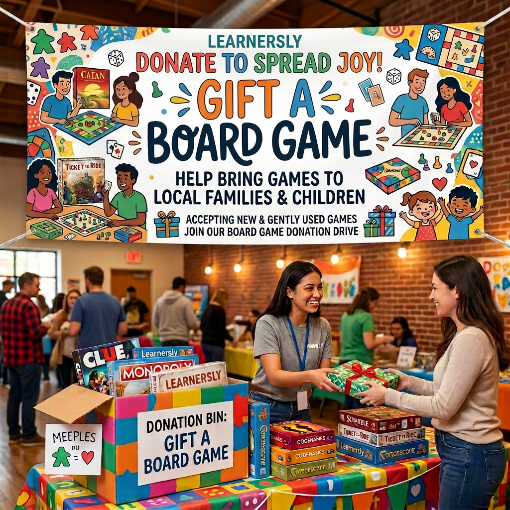 Community Board Game Donation Drive Volunteers exchanging a wrapped board game gift next to a donation bin filled with board games at a community event